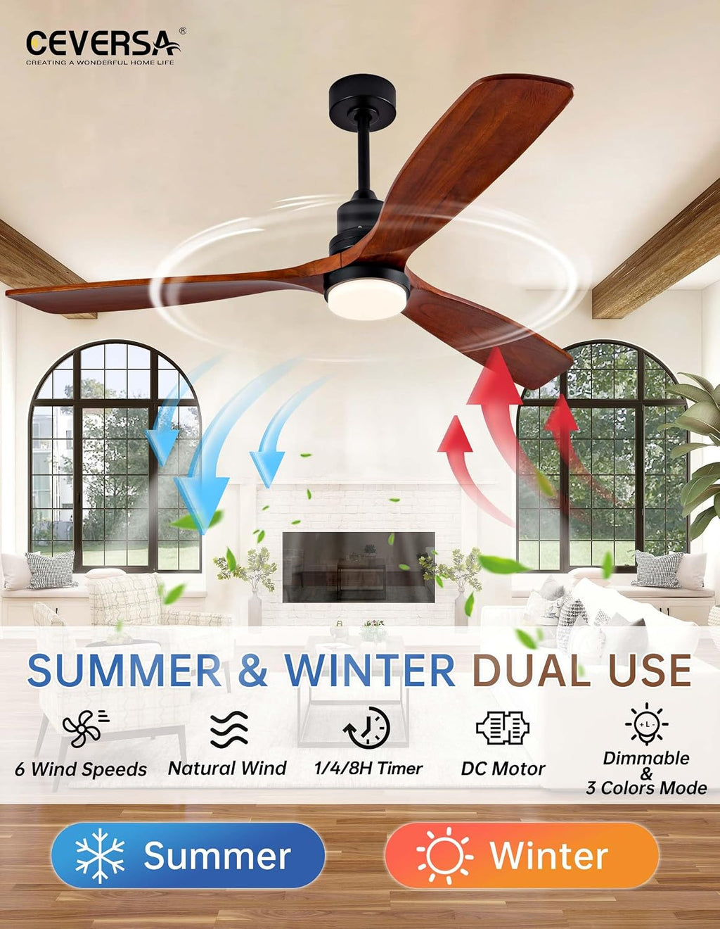 60 Inch Ceiling fans with Lights and Remote,Wood Outdoor Ceiling Fan for Patios with Dimmable LED Light,3 Blades Walnut,Noiseless Reversible DC Motor,Modern Memory Fan for Indoor,Farmhouse