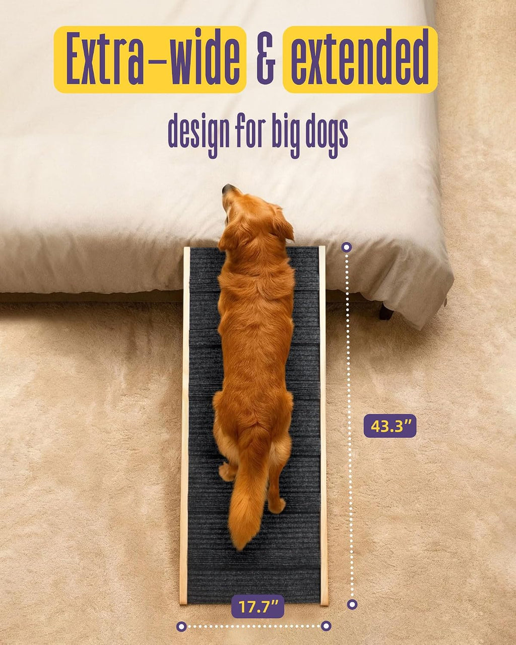 Wide Dog Ramp for Bed Couch Folding Dog Ramps for Large Dogs Up to 200 lbs, 43.3' Long Pet Ramp Adjustable Height Up to 24'
