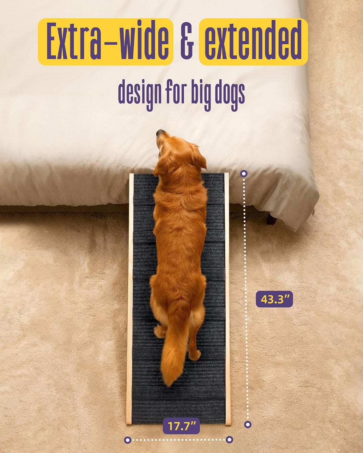 Wide Dog Ramp for Bed Couch Folding Dog Ramps for Large Dogs Up to 200 lbs, 43.3' Long Pet Ramp Adjustable Height Up to 24'