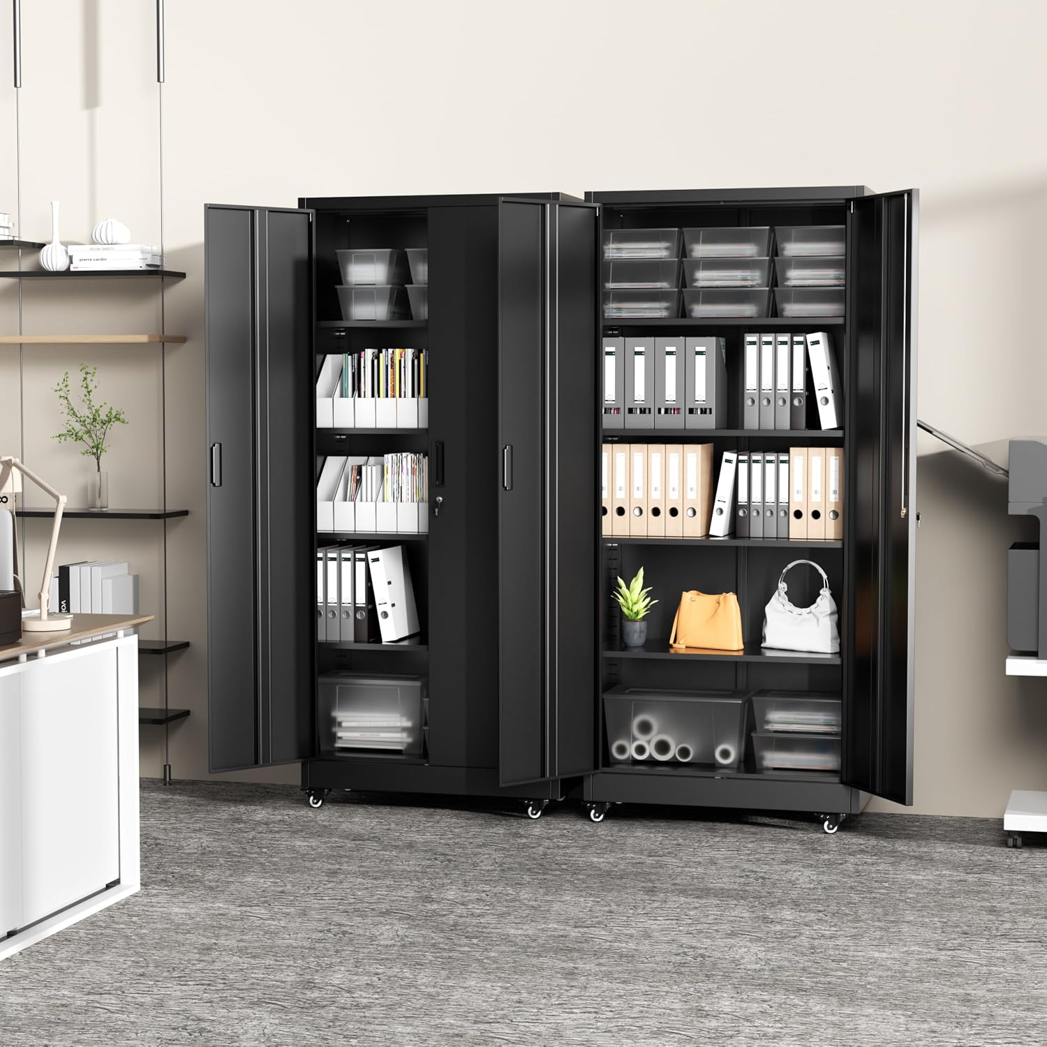 Greenvelly Metal Garage Storage Cabinet with 4 Swivel Wheels, 73' Black Storage Cabinet on Wheels, Rolling Tool Cabinet with Locking Doors and Shelves for Garage, Basement, Home, Warehouse