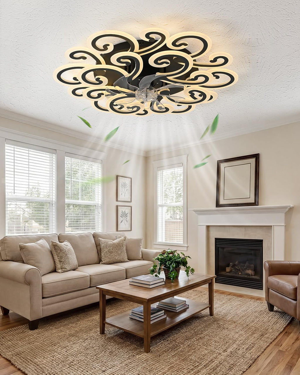 Modern LED Ceiling Light with Decorative Swirl Design, Energy-Efficient Ceiling Fan Lamp, Stylish Black and White Ceiling Light Fixture for Living Room, Bedroom, or Office
