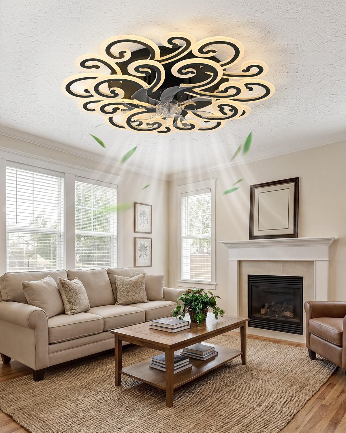 Modern LED Ceiling Light with Decorative Swirl Design, Energy-Efficient Ceiling Fan Lamp, Stylish Black and White Ceiling Light Fixture for Living Room, Bedroom, or Office