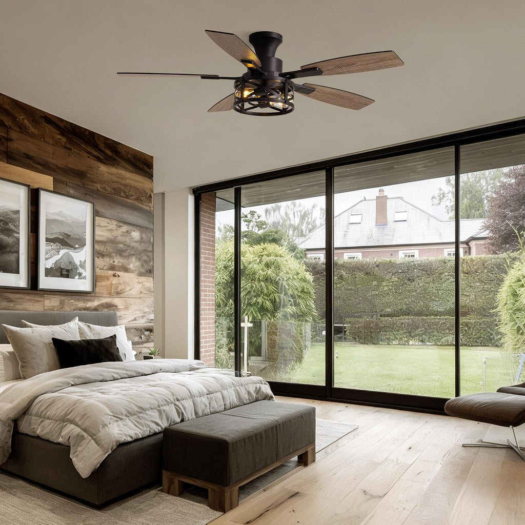50 Inch Flush Mount Black Caged Ceiling Fan with Lights, Low Profile Farmhouse Ceiling Fan for Bedroom Living Room and Patio, Ceiling Fans and Remote Control for Indoor and Outdoor