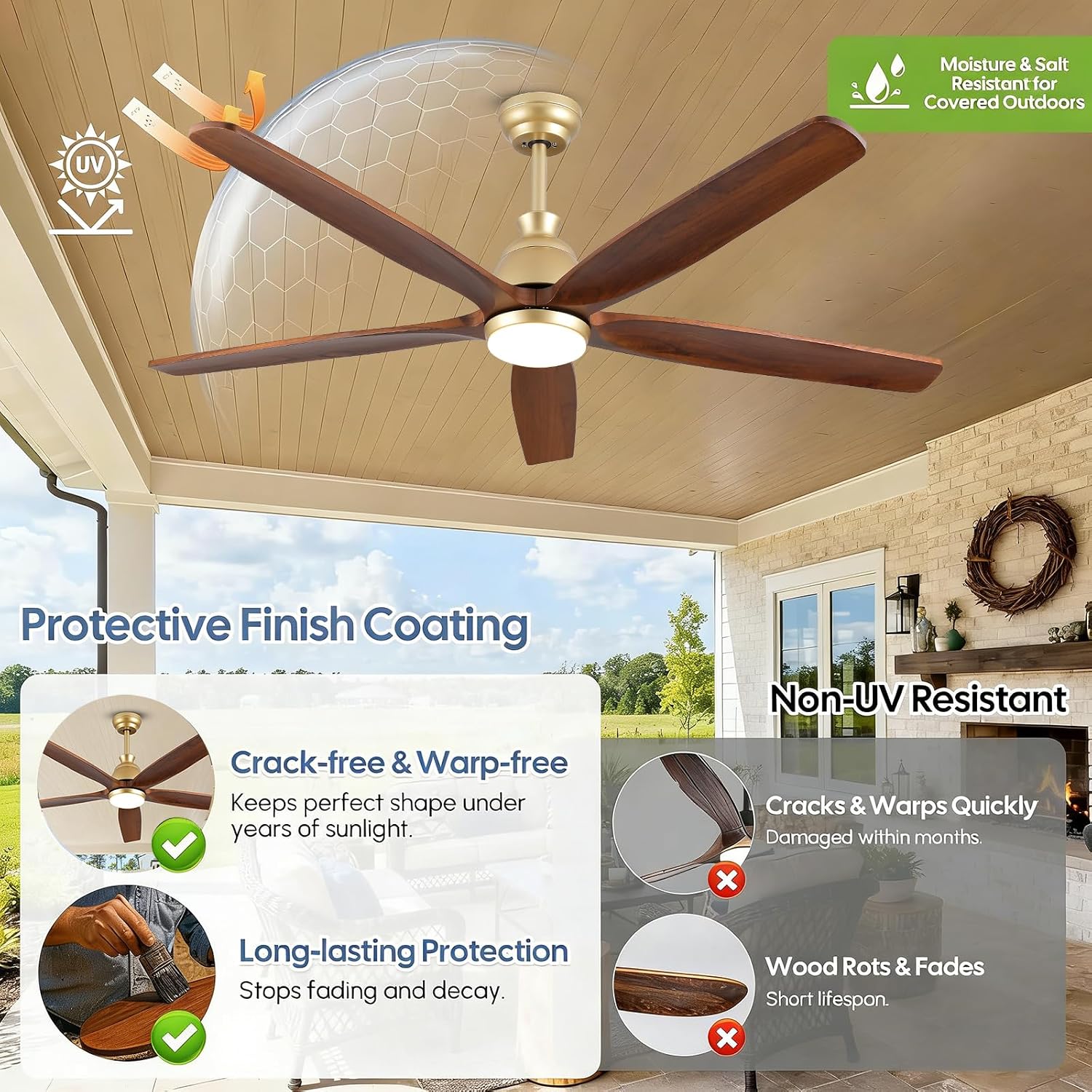 52 Inch Wood Gold Ceiling Fan with Light Remote, 5 Walnut Blades, Indoor Outdoor High CFM Propeller Damp Rated, Quiet Reversible DC Motor, for Modern Farmhouse Outside Patios Porch, 3 Downrods