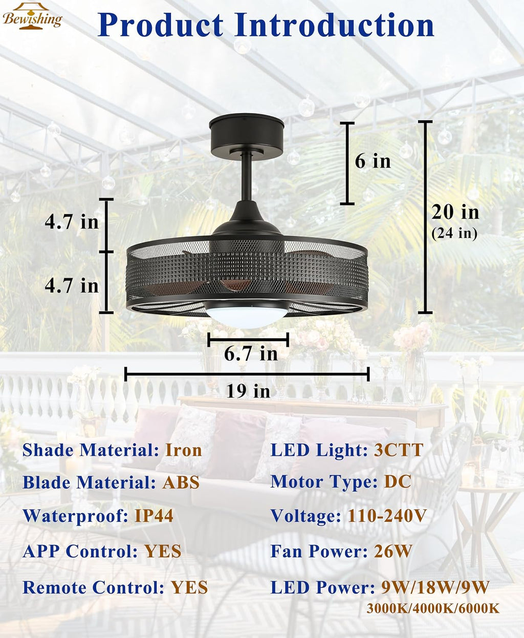 20' Outdoor Indoor Ceiling Fan with Light, IP44 Waterproof Fandelier, RGB & 3 CCT, Smart APP Remote, 6-Speed DC Motor, Cage Design for Gazebo Patio Bedroom, Black