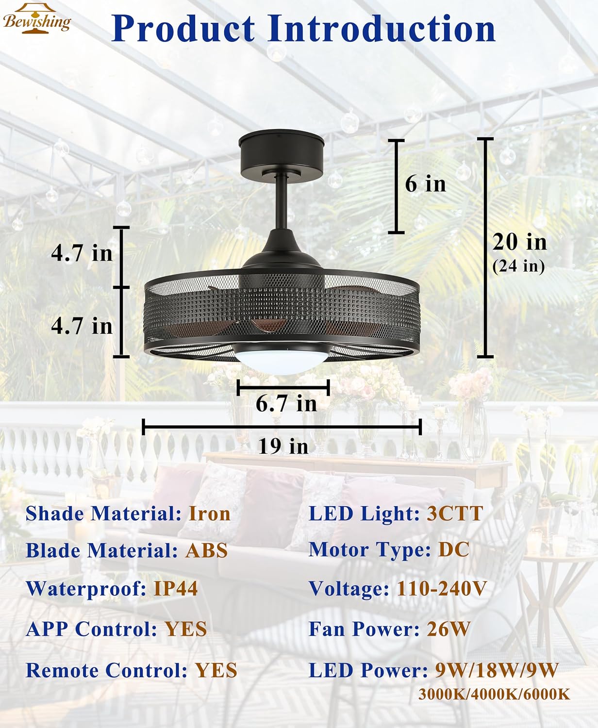 20' Outdoor Indoor Ceiling Fan with Light, IP44 Waterproof Fandelier, RGB & 3 CCT, Smart APP Remote, 6-Speed DC Motor, Cage Design for Gazebo Patio Bedroom, Black