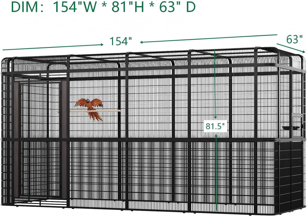 154' Heavy Duty Outdoor Walk-in Bird Cage - Carbon Crystal Board & Metal Aviary for Macaws, Budgies, Conures, Lovebirds & More - Spacious Flight Cage for Large & Small Birds