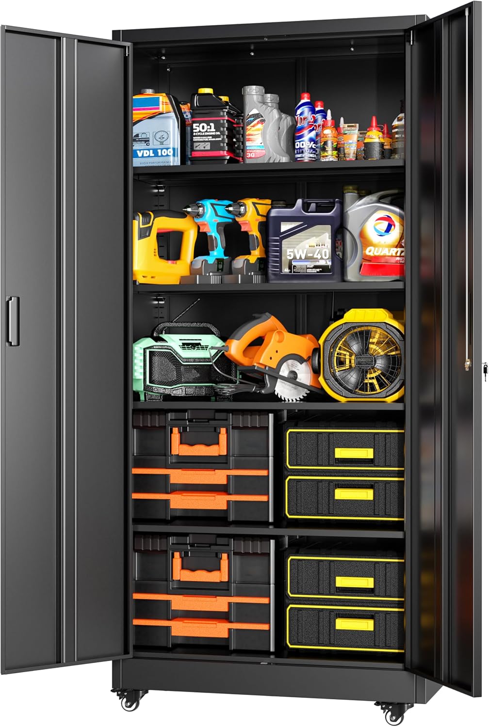 Greenvelly Metal Storage Cabinet with Wheels, 73' Black Metal Rolling Garage Cabinet with 2 Door and Adjustable Shelves,Locking Storage Cabinets for Garage Home Office Utility Room