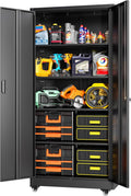 Greenvelly Metal Storage Cabinet with Wheels, 73' Black Metal Rolling Garage Cabinet with 2 Door and Adjustable Shelves,Locking Storage Cabinets for Garage Home Office Utility Room
