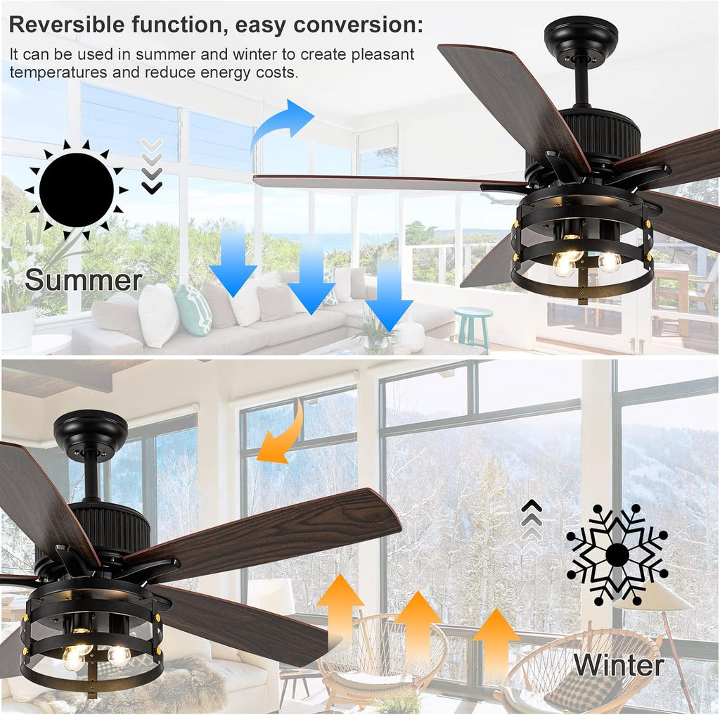 Farmhouse Rustic Ceiling Fan with Lights, 52 Inch Industrial Ceillng Fan Outdoor Ceiling Fan for Patio, Large Airflow Reversible Dual Finish Blades Rustic Fan for Indoor with Timing Function