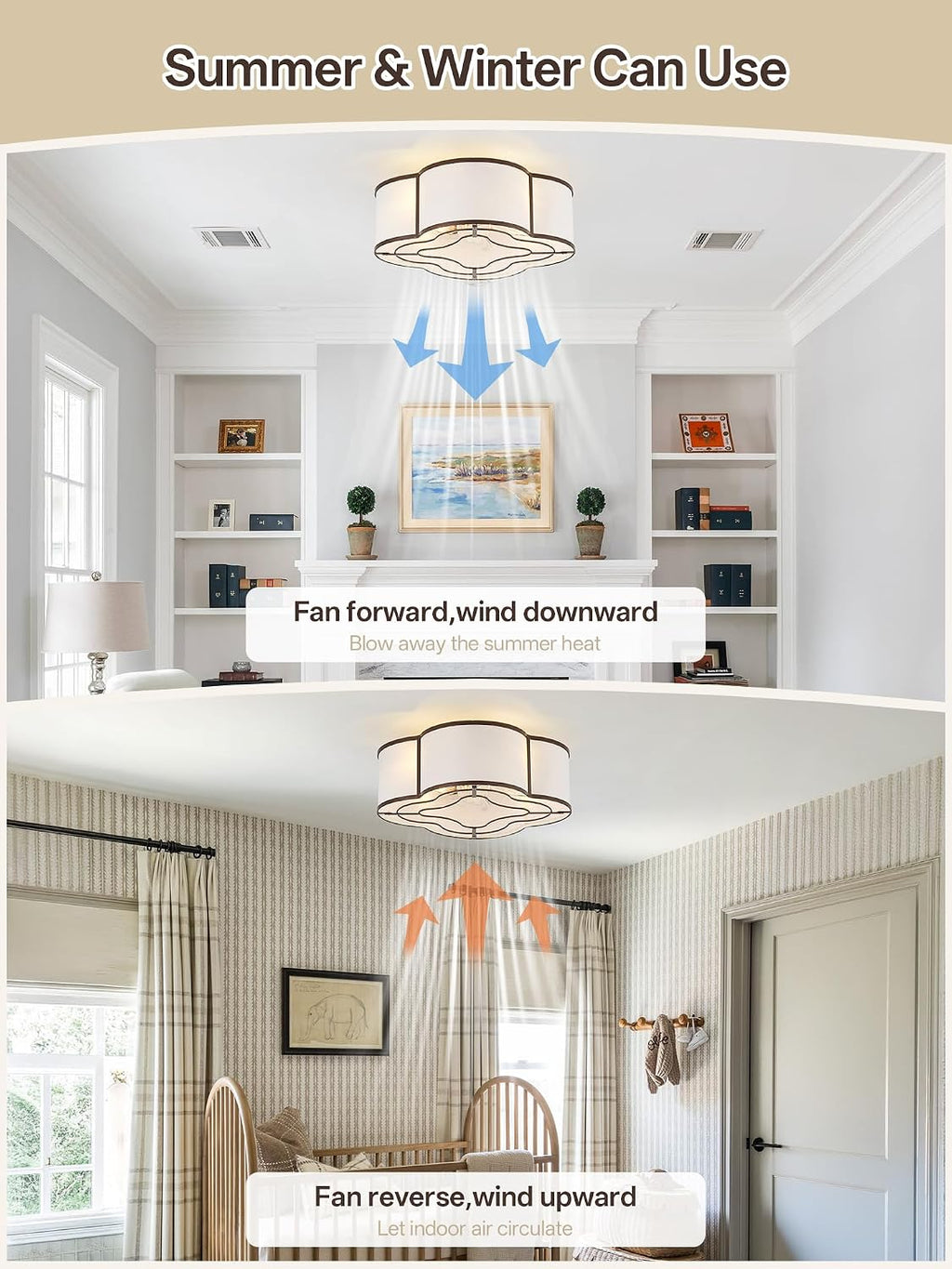 Brown Caged Boho Ceiling Fan with Lights, 20' Flush Mount Ceiling Fans with Lights Remote Control, Low Profile Bladeless with 6 Speeds for Bedroom, Nursery, Kitchen