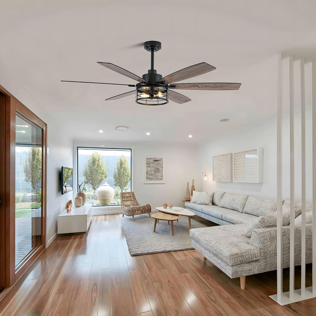 60' Large Ceiling Fans with Lights,Modern Farmhouse Caged Ceiling Fan with Light and Remote,6 Speeds,Reversible Motor,6 Double Finish Wood Blades,Black Rustic Ceiling Fan for Living Room Dining Room