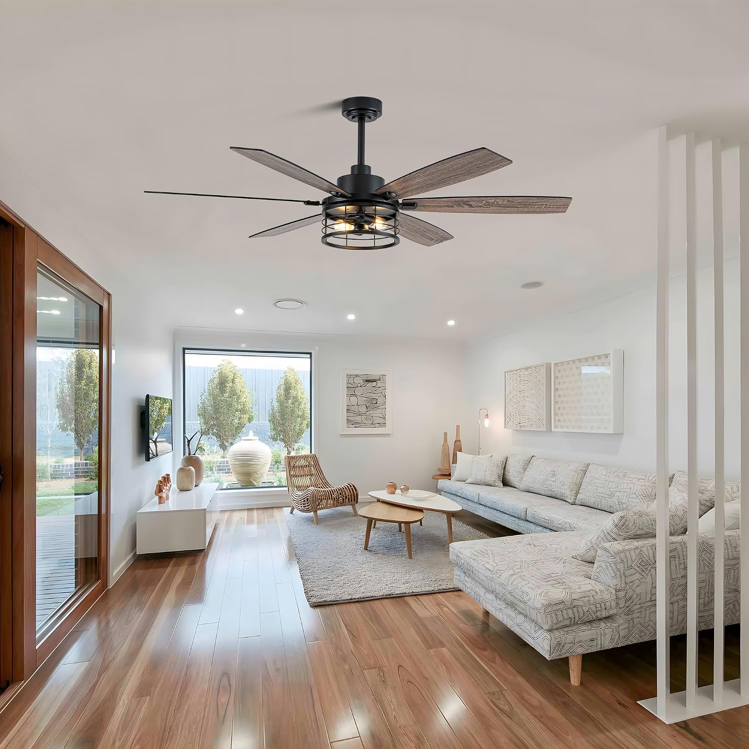 60' Large Ceiling Fans with Lights,Modern Farmhouse Caged Ceiling Fan with Light and Remote,6 Speeds,Reversible Motor,6 Double Finish Wood Blades,Black Rustic Ceiling Fan for Living Room Dining Room