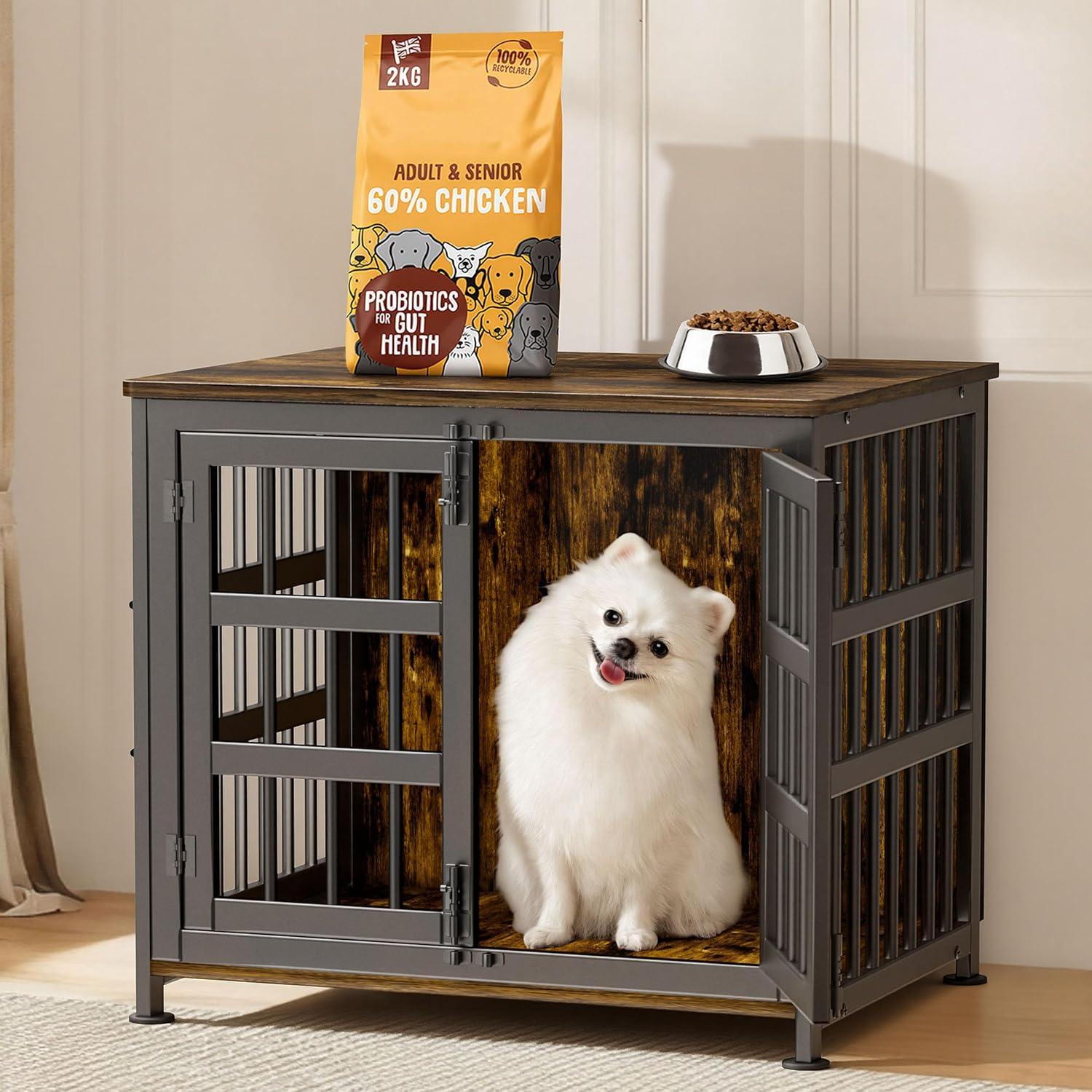 26'' Dog Crate Furniture Large Breed Dog Crate Dog Kennels for Inside Wooden Dog Crates End Table Heavy Duty Indoor Combination Cage for Medium to Large Dogs Walnut