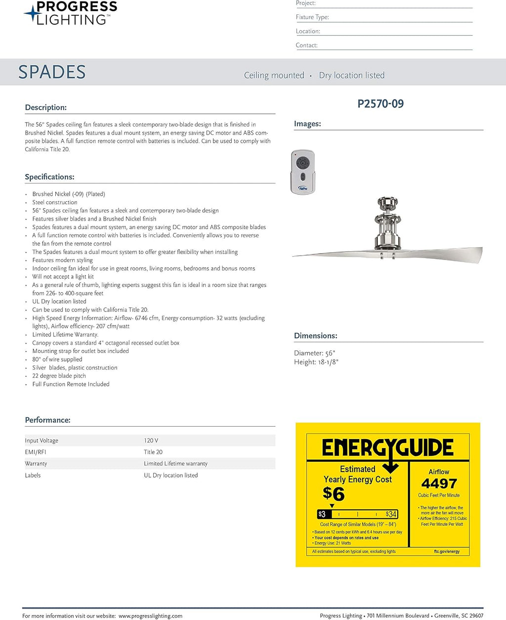 Progress Lighting P2570-09 Protruding Mount, 2 Silver Blades Ceiling fan, Brushed Nickel