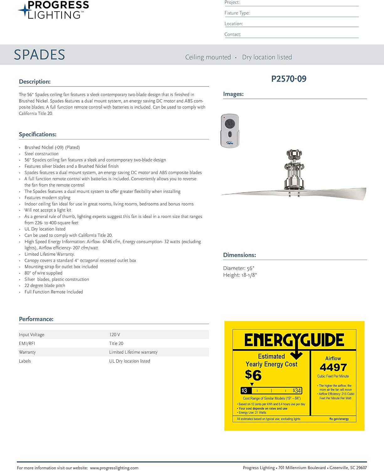 Progress Lighting P2570-09 Protruding Mount, 2 Silver Blades Ceiling fan, Brushed Nickel