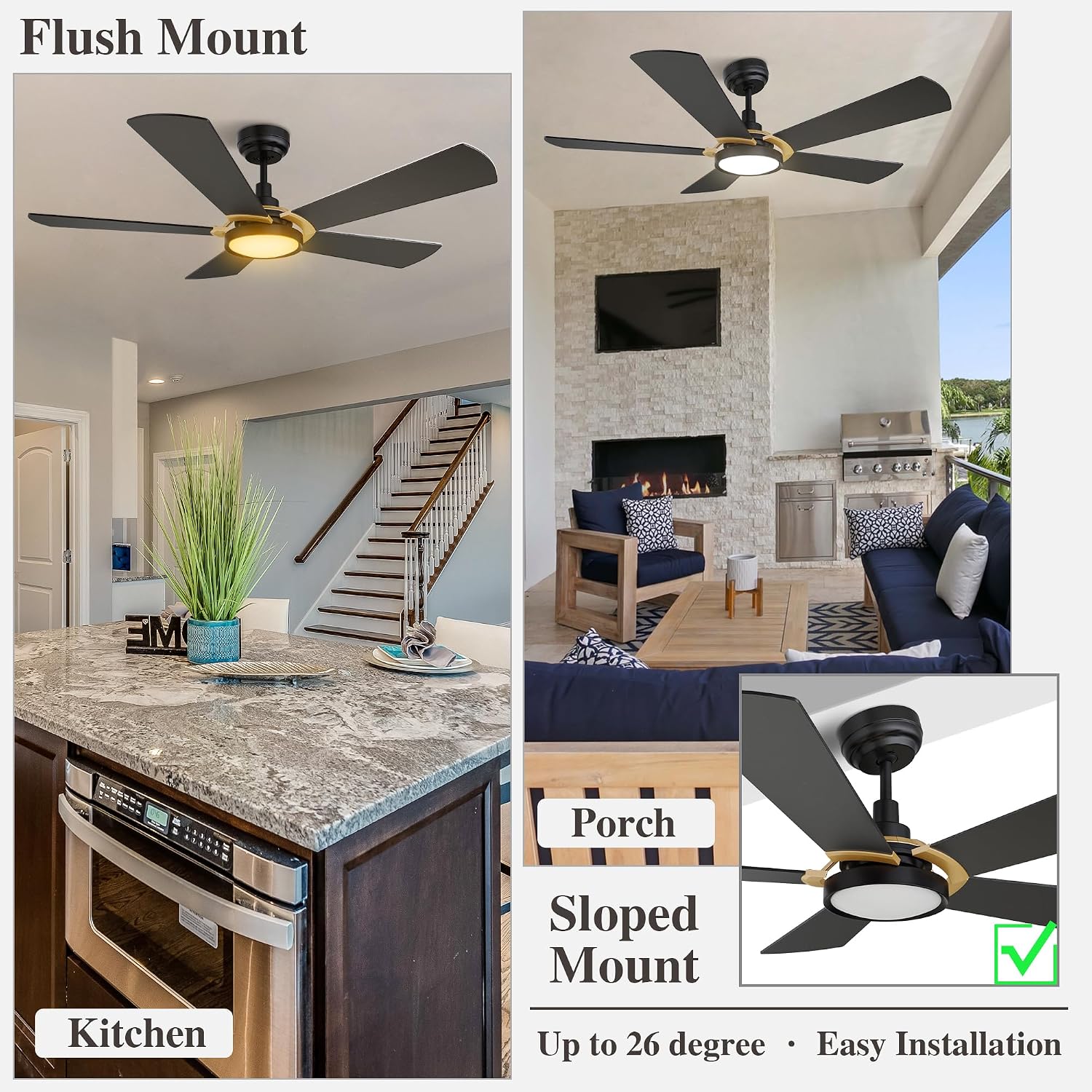 SMAAIR 52 Inch Black Ceiling Fan with Lights Remote Control and 10 Speed DC Motor, Low Profile Ceiling Fan with Dimmable Light works with Alexa/Google Assistant/Siri Shortcuts, 5 Blade, Black/Gold