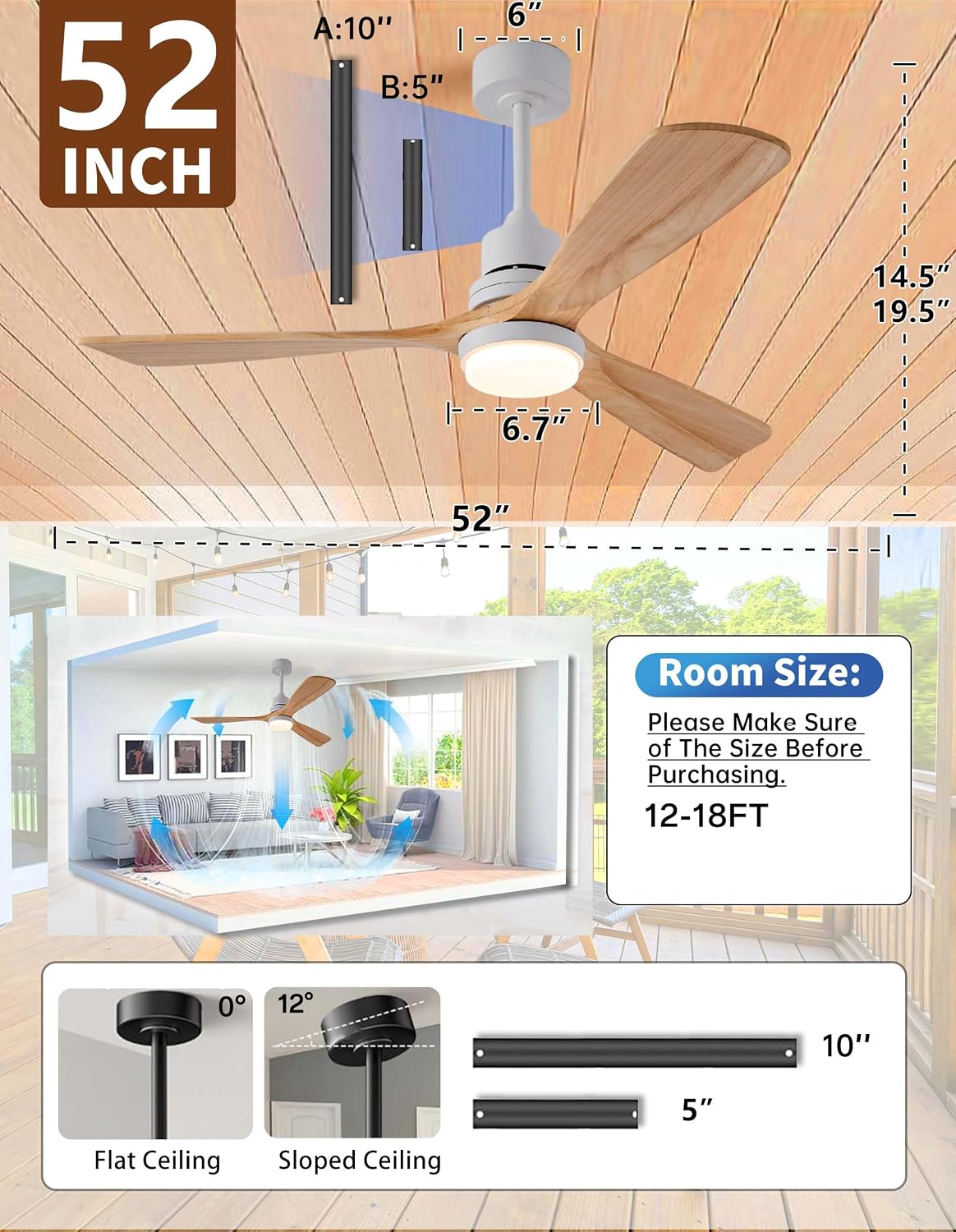 52 Inch Natural Wood Ceiling fans with Lights and Remote,3 Blades Wooden Modern Ceiling Fans,Dimmable Light,Noiseless Reversible DC Motor for Patio,Living Room,Outdoor,Indoor,Farmhouse