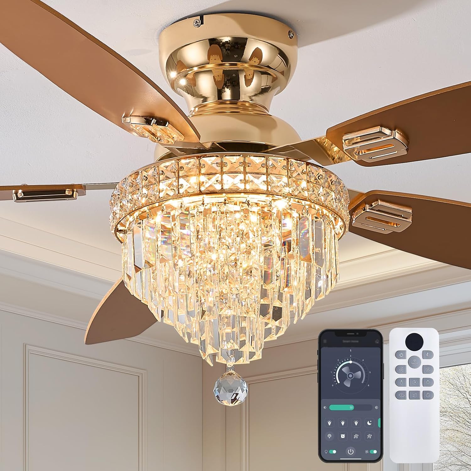 Crystal Ceiling Fan Fandelier with Lights-Ceiling Fans with Lights,54' Low Profile and Remote Control, Flush Mount, Reversible, Dimmable, Noiseless,Gold Ceiling Fan for Bedroom