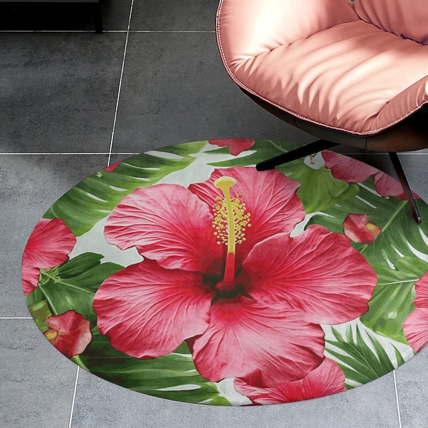 Hibiscus Flower Coral Velvet Round Floor Mat Non-Slip Bath Rug Floor Covering for Bathroom Vanity Guest Suite & Vacation Home