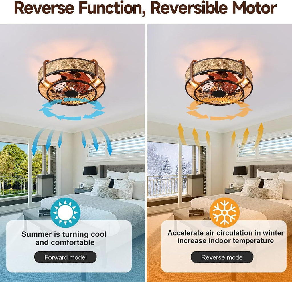18.9in Boho Ceiling Fan with Lights Flush Mount Fandelier Ceiling Light with Fan Rattan Farmhouse Ceiling Fan Caged Fan Lighting with Remote Reversible 6 Speeds Motor E26 Base
