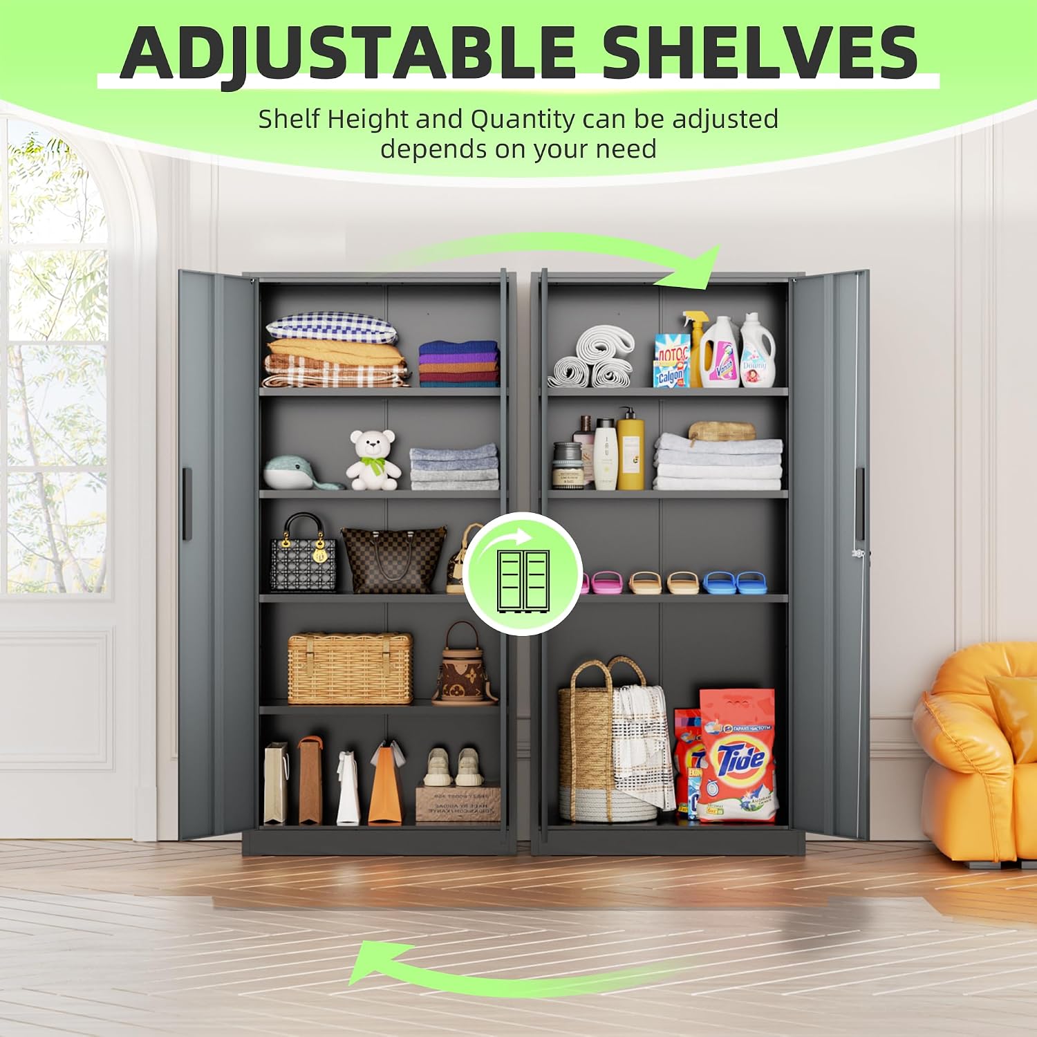 INTERGREAT Storage Cabinet with Doors and Shelves, Metal Garage Storage Cabinets with Lock, Black Lockable Steel Supply Cabinet for Home Office, Warehouse (Black Grey)