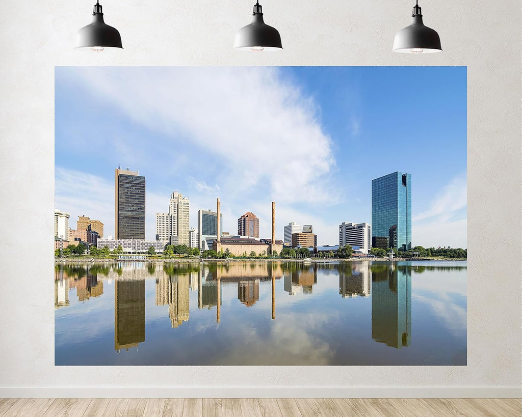 Trykid 20x10ft City Skyline Lake Backdrop Modern Skyscrapers Clear Reflection Urban Panorama Downtown View Photography Background Tapestry Party Decoration Photo Studio Prop Fabric