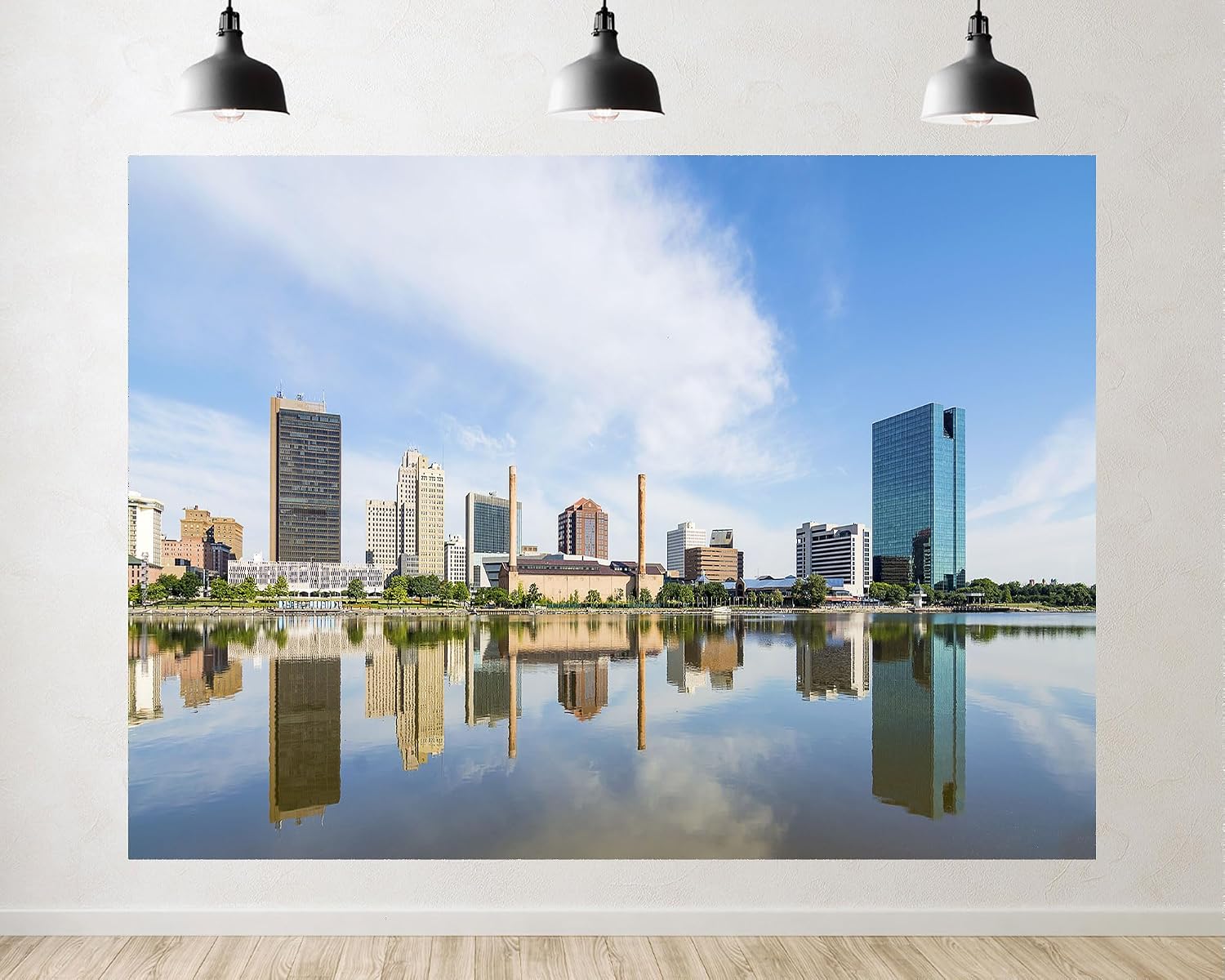Trykid 20x10ft City Skyline Lake Backdrop Modern Skyscrapers Clear Reflection Urban Panorama Downtown View Photography Background Tapestry Party Decoration Photo Studio Prop Fabric