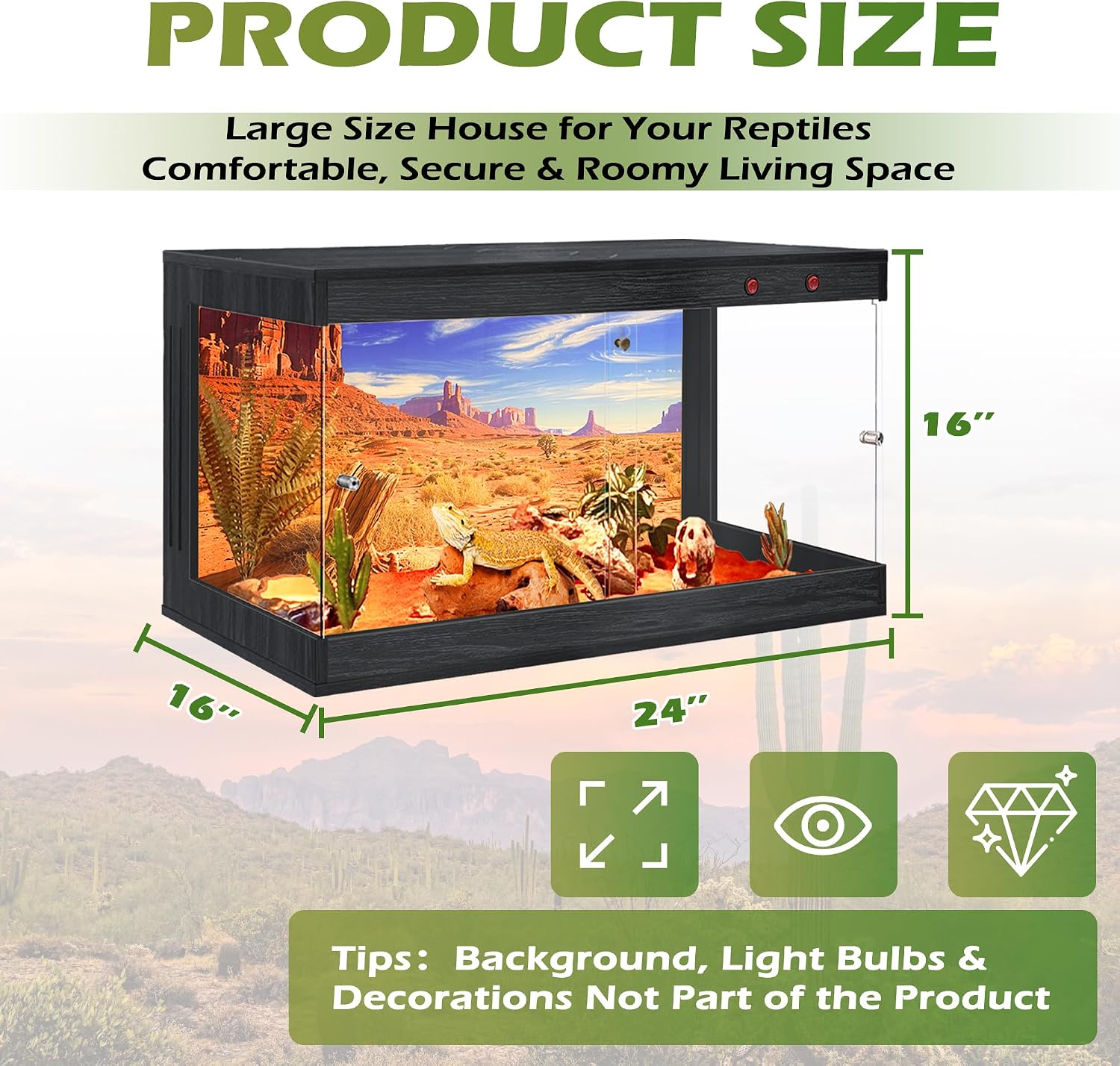 ROYXEN Reptile Enclosure,31 Gallons Reptile Tank with Wooden Top and Lockable Design,Tempered Glass Bearded Dragon Tank for Lizard Gecko Habitat (Black,24' Length)