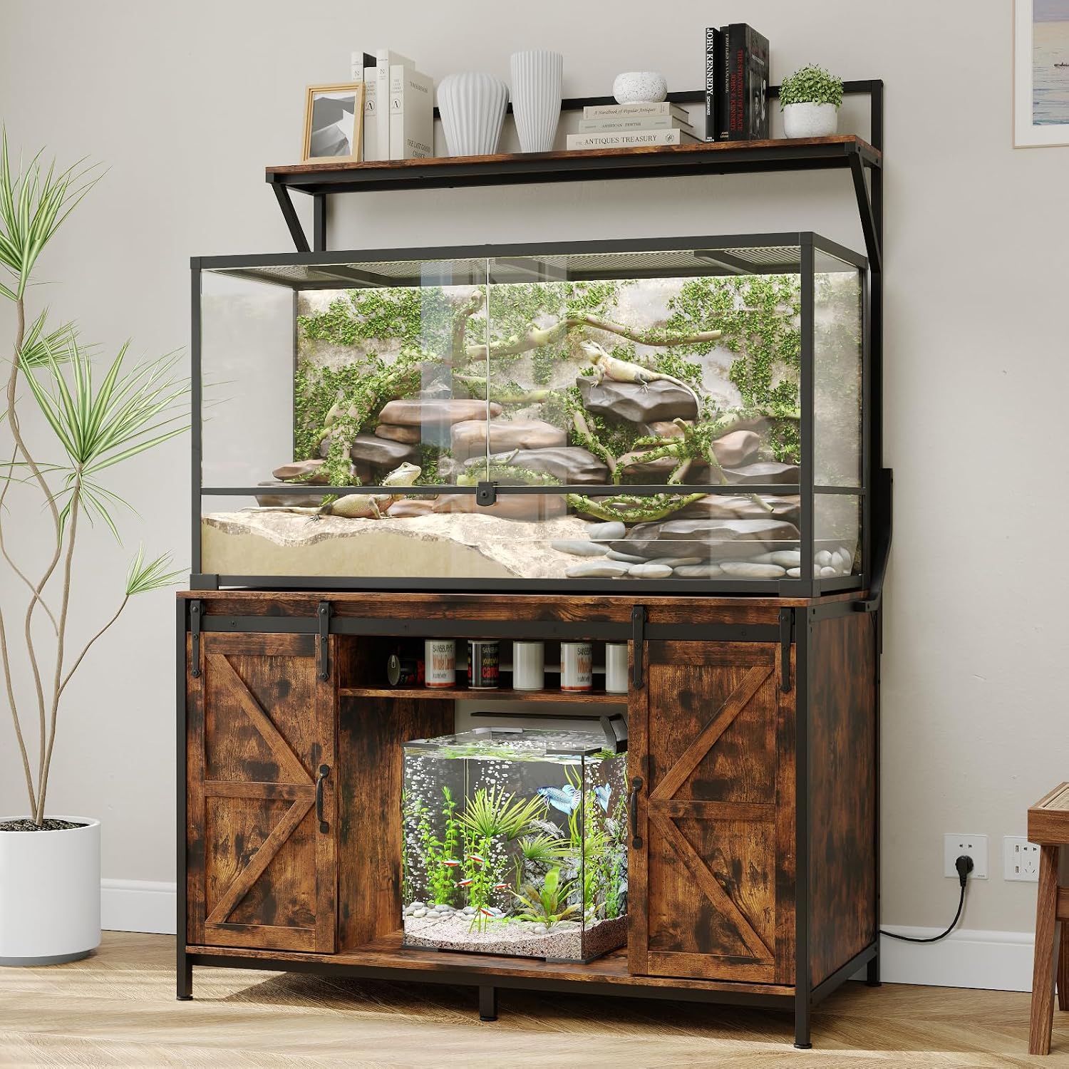 VOWNER Farmhouse Reptile Tank Stand with Power Outlet, 48' X 24' Tabletop Fits up 120 Gallon Bearded Dragon Tank, Heavy Duty Aquarium Stand with Storage Cabinet, Reptile Turtle Terrarium Stand Brown