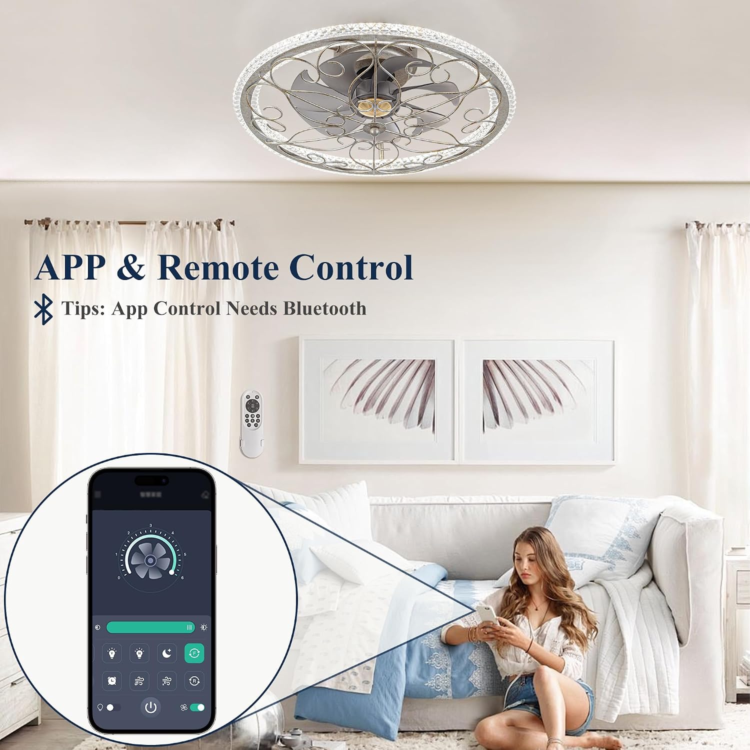 NORFOLK Low Profile Ceiling Fans with Lights and Remote, 20'' Flush Mount Lighting Fan, Smart Bladeless Caged Fandelier, 3 Colors Dimmable LED and 6 Speeds