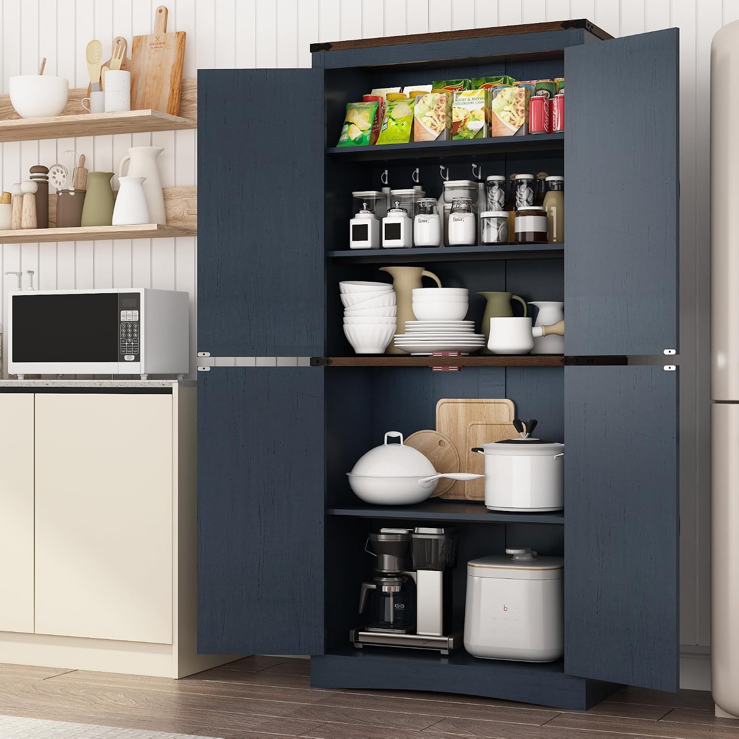 71in Farmhouse Kitchen Pantry Cabinet,Tall Storage Cabinet with 4 Doors and Adjustable shelves,with Load-Bearing Steel Pipe,Wood Storage Cabinets for Kitchen,Dining Room,Bathroom(Rustic Blue)