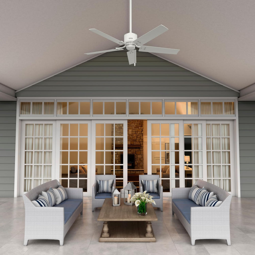 Hunter 52 inch Outdoor or Indoor Ceiling Fan No Light - White Ceiling Fan without Light, For Patio, Porch, Garage, or Living Room, Standard Mount, 5 Blades, Pull Chain - Windbound 51460, Matte White