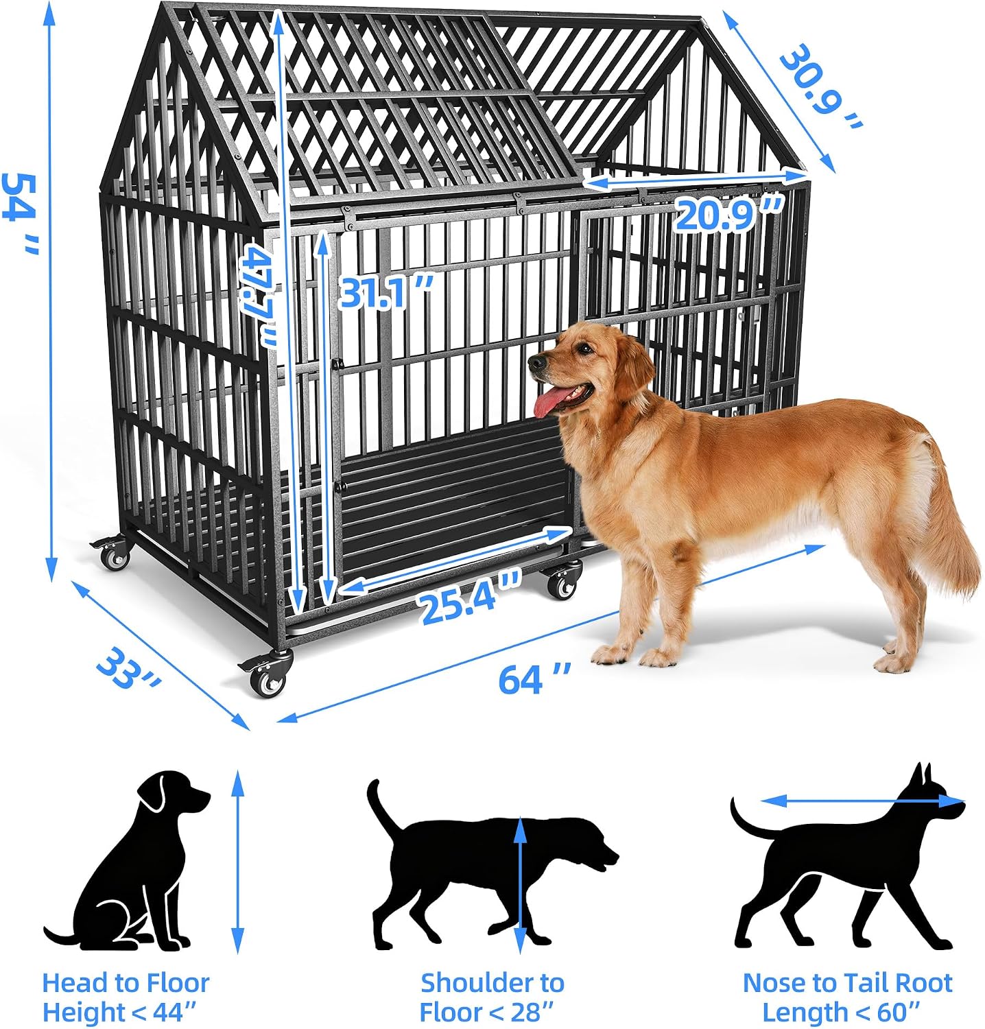 Heavy Duty Dog Crate Cage Kennel 64 inch Sturdy Durable Safe for High Anxiety Giant Extra Large Breeds Dog Pet XL XXL,Lockable Wheels, Removable Trays