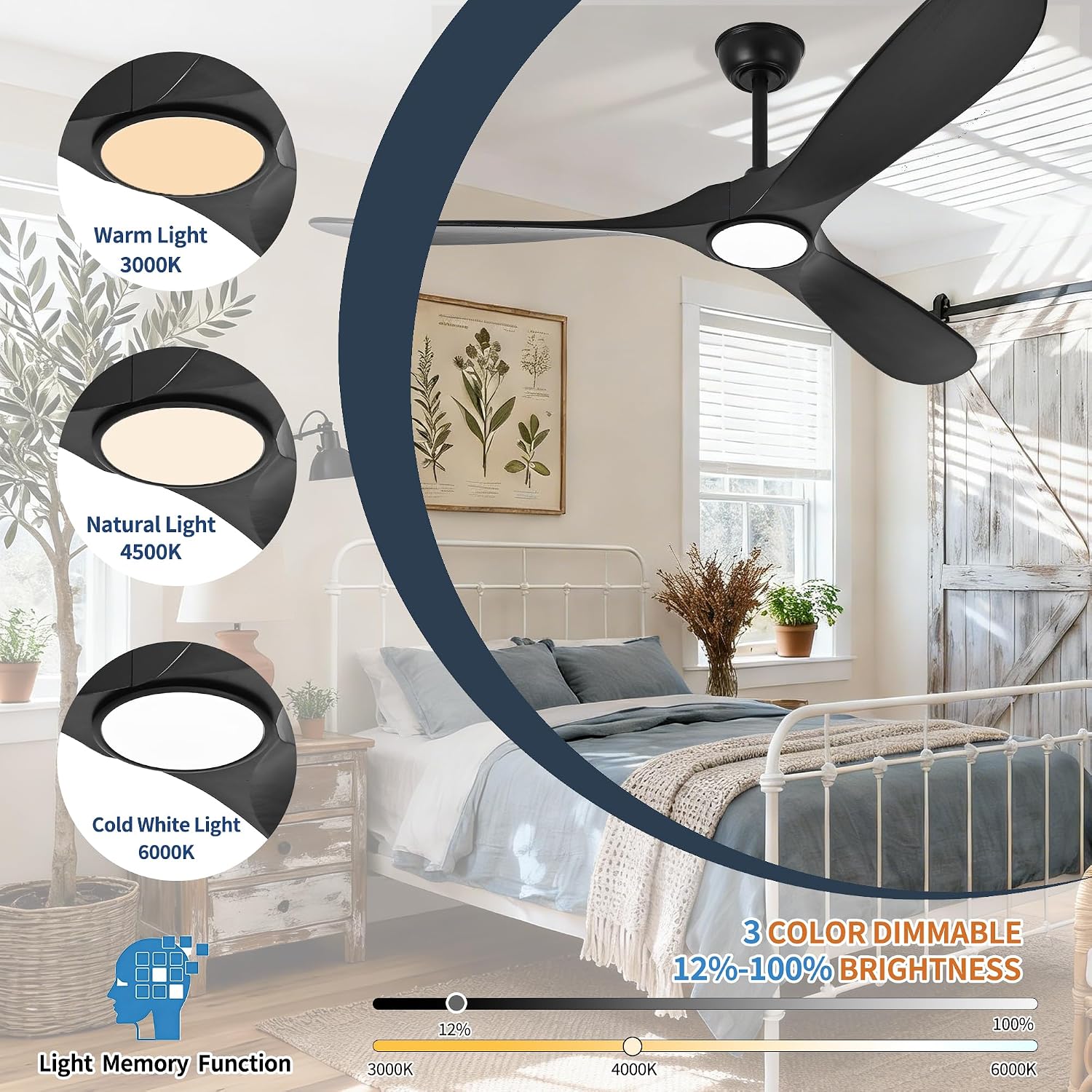Black Ceiling Fan with Light 52 Inch, Outdoor Ceiling Fans with Lights and Remote for Indoor Bedroom Living Room Patios Gazebo Modern Wooden 3 Blade Propeller Wet Rated Reversible DC Fan