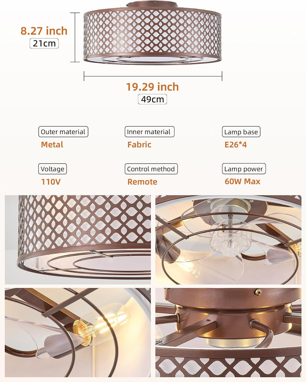 20' Brown Ceiling Fan with Light Flush Mount, Caged Farmhouse Ceiling Fans with Lights Remote Control, Round with 6 Speeds for Bedroom, Nursery, Living Room