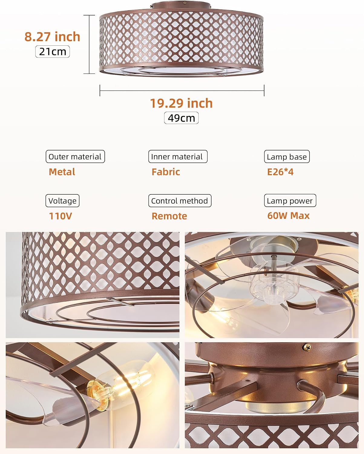 20' Brown Ceiling Fan with Light Flush Mount, Caged Farmhouse Ceiling Fans with Lights Remote Control, Round with 6 Speeds for Bedroom, Nursery, Living Room