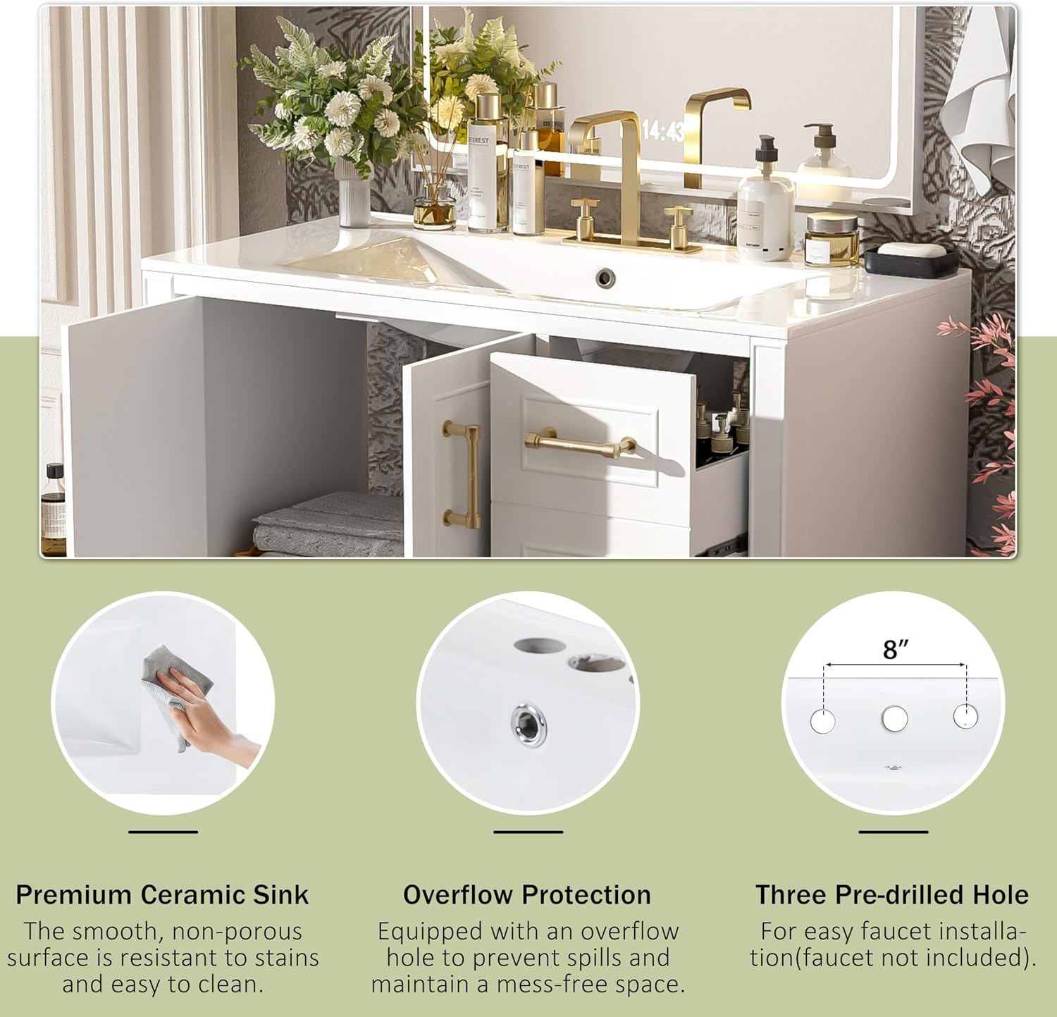 LUMISOL 36'' Bathroom Vanity with Ceramic Sink, Freestanding Vanity with Single Sink, Modern Bathroom Storage Cabinet with Soft Close Doors & Drawers for Guest Bath, Master Suite, Rental, White