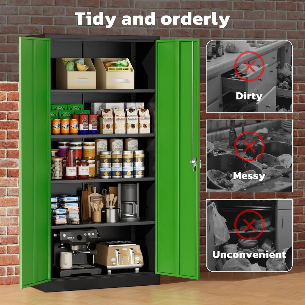 Greenvelly Metal Garage Storage Cabinet with 2 Doors and 4 Adjustable Shelves, 72' HLockable Storage Cabinet,Tall Metal Cabinet Locking File Cabinet for Office,Home, Garage, Gym, School