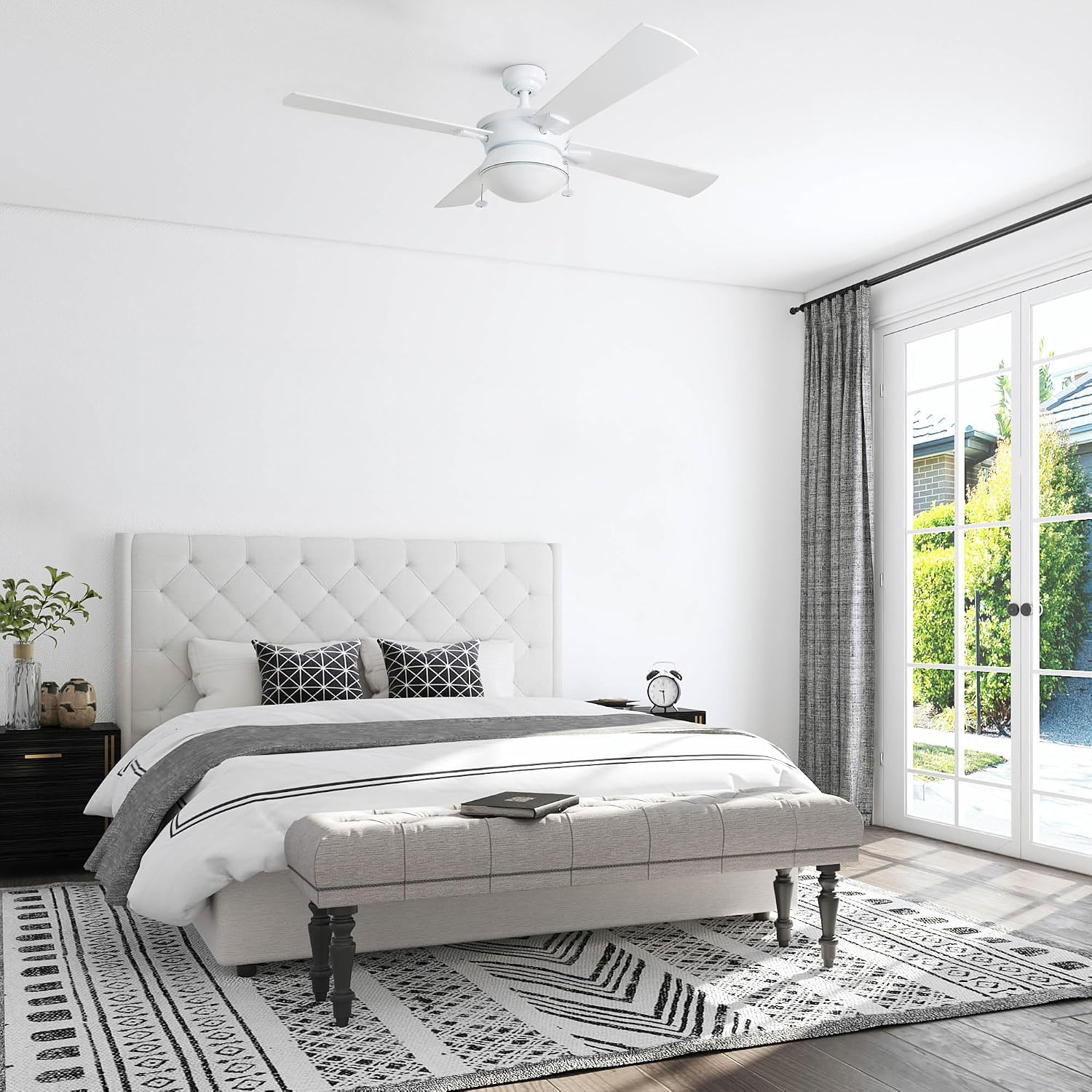 Prominence Home Auletta, 52 Inch Contemporary Indoor Outdoor Ceiling Fan with Light, Pull Chain, Dual Mounting Options, Dual Finish Blades, Reversible Motor - 50344-01 (White)