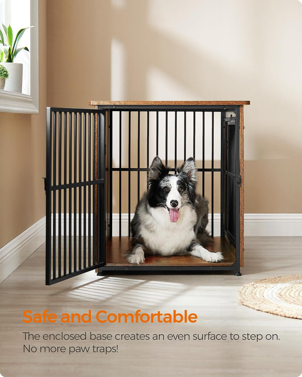 Feandrea 38.6' Dog Crate Furniture, Heavy-Duty Dog Cage Side End Table, XL Pet Wood Kennel for Large and Medium Dogs up to 70 lb with Enclosed Base, Double-Door Pet House, Rustic Brown