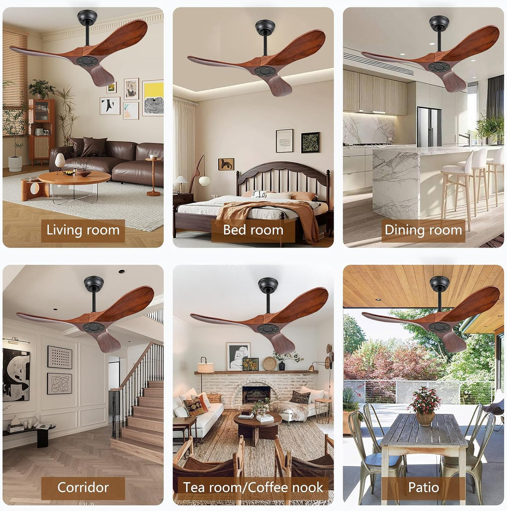 42 Inch Small Wooden Ceiling Fan Without Lights, 3 Blade Propeller, Remote Control, Walnut Finish, Indoor/Outdoor, Living Room, Bedroom, Porch, Farmhouse