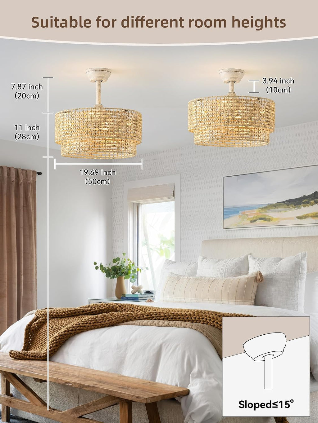 20' Boho Fandelier Ceiling Fans with Lights, Rattan Chandelier Ceiling Fan with Light Remote Control, Caged with 6 Speeds for Nursery, Living Room, Bedroom