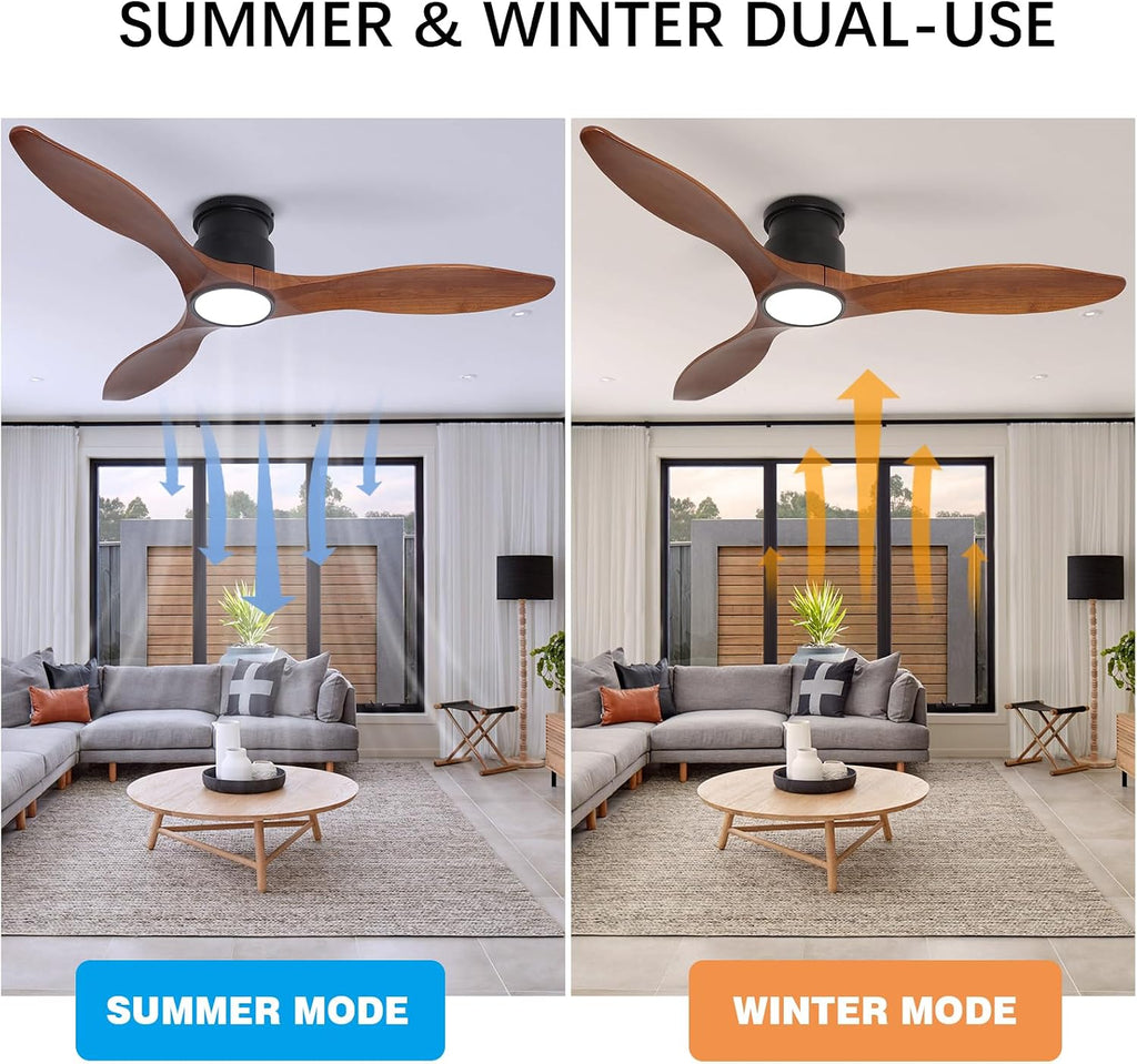 52Inch Wood Ceiling Fans with Lights and Remote Control, Indoor Outdoor Ceiling Fans Farmhouse, Low Profile Ceiling Fan with Light Timing 6 Speeds 3 Color Light Memory Lighting Reversible