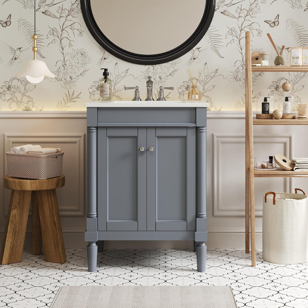 24 Inch Bathroom Vanity with Sink: Modern Gray Storage Cabinet with Ceramic Basin & Soft Close Hinges - Compact Design for Small Bathrooms & Guest Suites with Ample Storage Space & Wood Frame