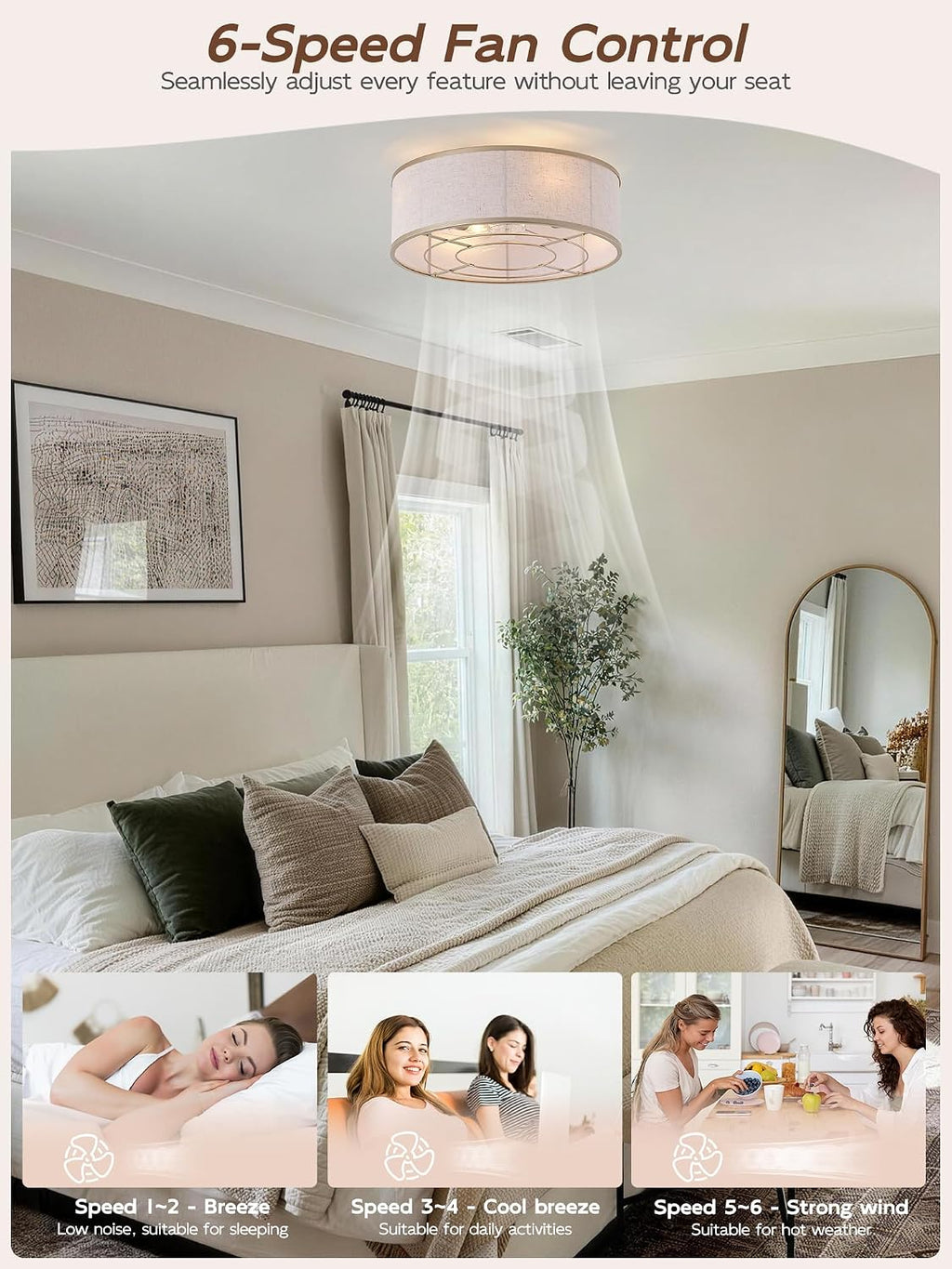 Gold Flush Mount Ceiling Fans with Lights, 20' Caged Boho Ceiling Fan with Light and Remote, Bladeless with 6 Speeds for Bedroom, Nursery, Living Room