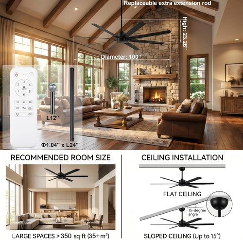 100 Inch Ceiling Fan without Lights, Industrial Commercial Ceiling Fan with Remote, 6 Speeds Quiet DC Motor, Reversible Large Shop Fan for Patio Garage Barn Gym, 8 Aluminum Blades, Matte Black