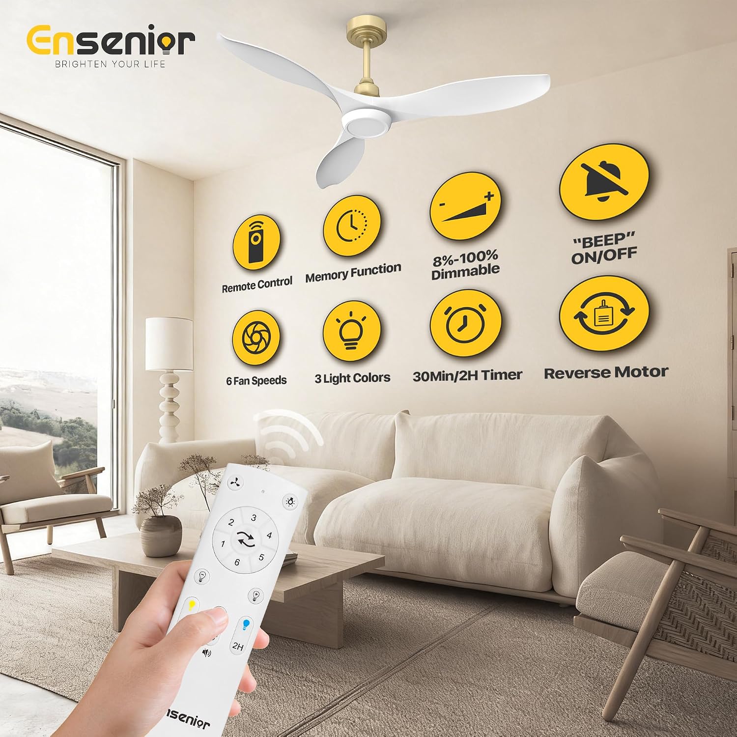 Ensenior Ceiling Fan with Light White and Gold, 52 Inch Ceiling Fans with Lights and Remote, 3 ABS Blades, Quiet Reversible DC Motor, 6-Speed, Dimmable 3CCT LED with Memory, Modern Fan for Living Room