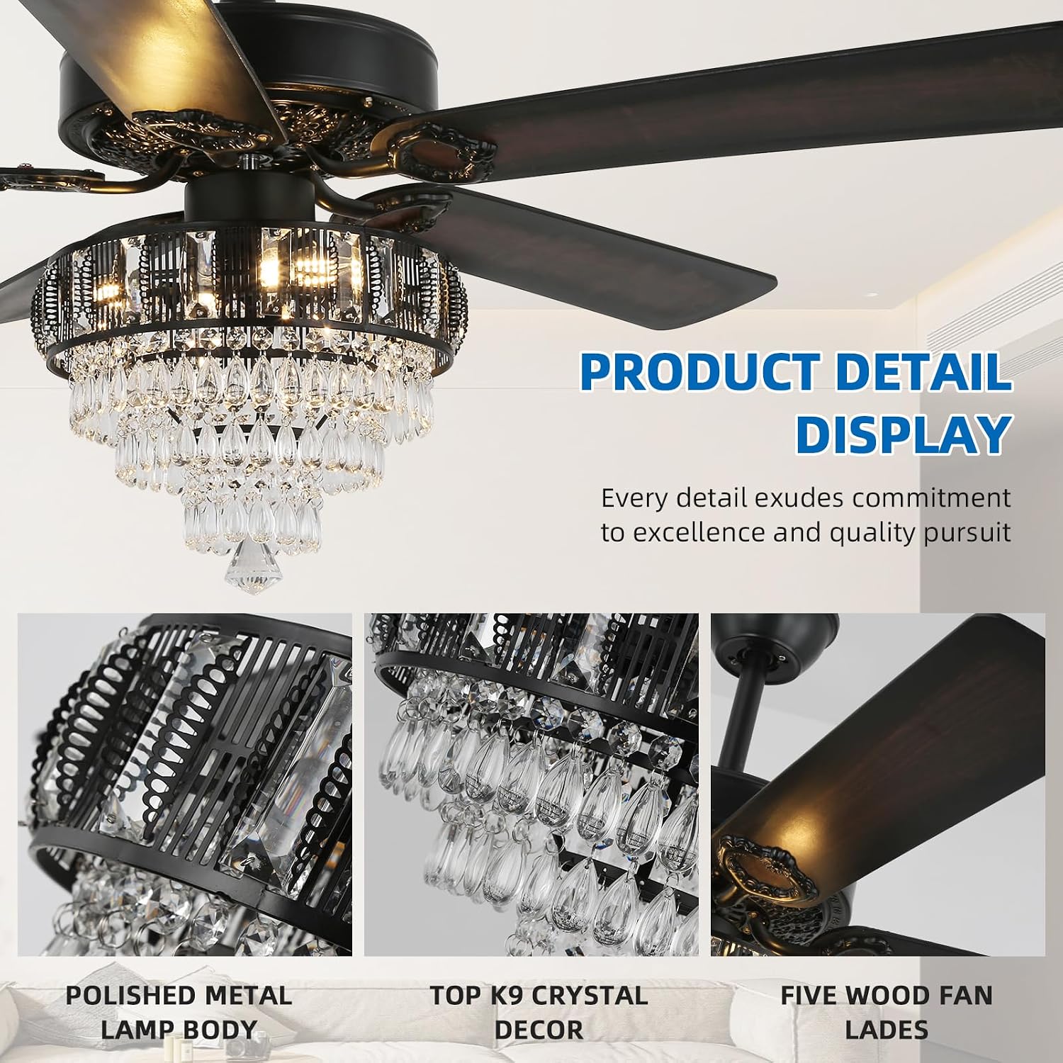 Modern Crystal Ceiling Fans with Lights and Remote Control, Farmhouse Retro Black Ceiling Fan Light, 52 Inch Fandelier Ceiling Fan for Living Room, Dining Room, Bedroom, Office