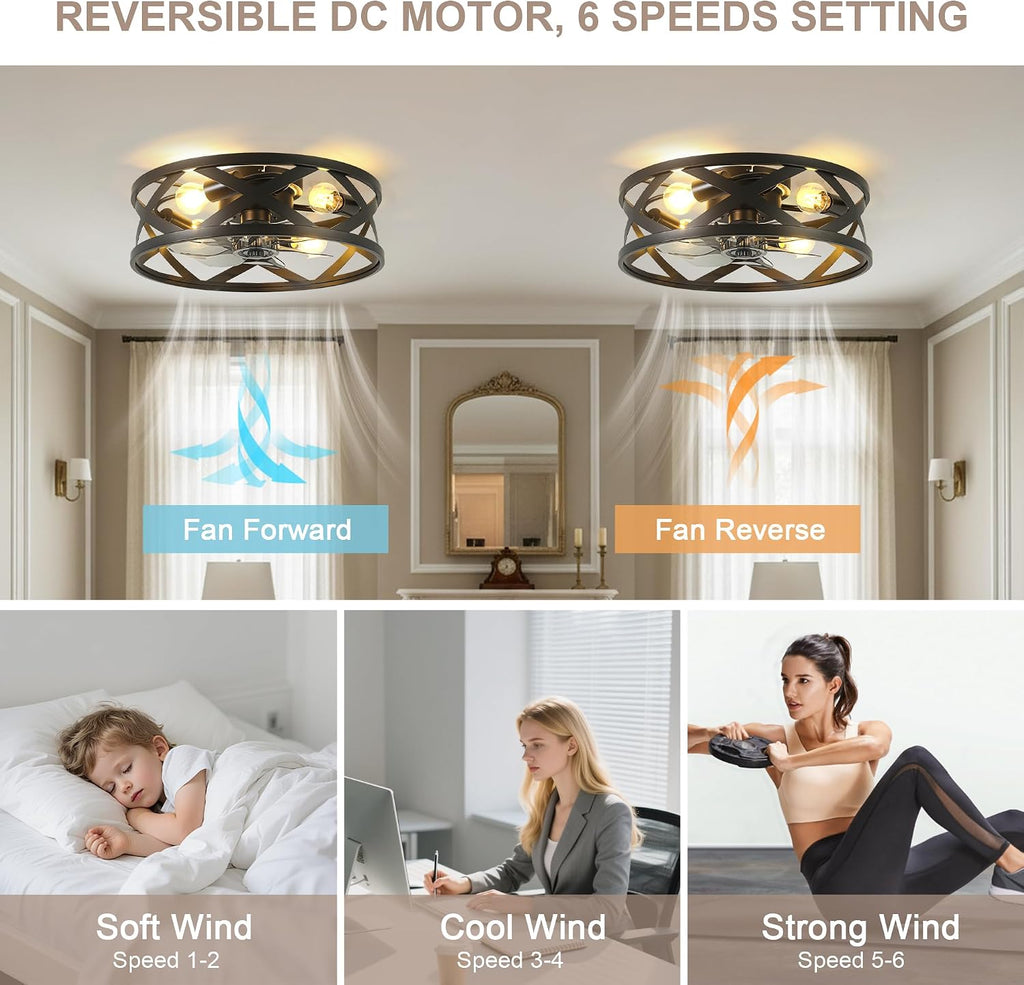 20'' Black Caged Ceiling Fan with Lights and Remote, Flush Mount Fandalier Ceiling Fan Low Profile Industrial Chandelier for Bedroom Kitchen, Bladeless with 4 Lights, Reversible 6 Speeds
